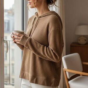 Waffle Knit Stars Above Tan Thermal Hoodie Pullover Sweater Size Small